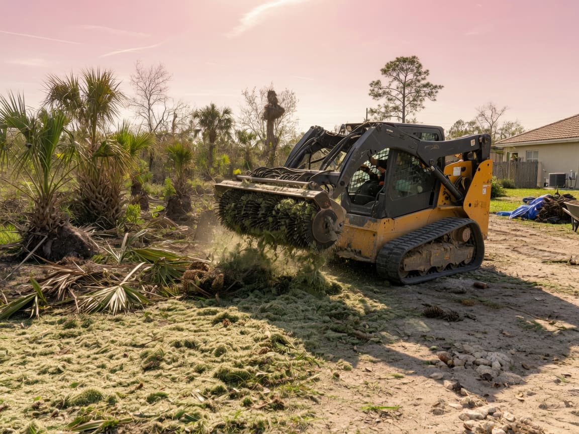 Tracked skid steer clearing brush and vegetation on a Florida residential lot