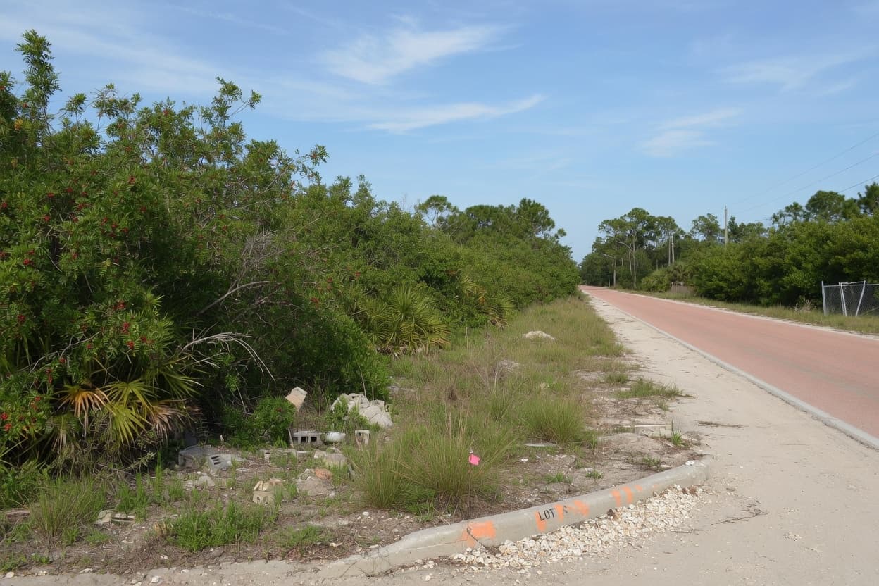 North Port style platted vacant lot overgrown with scrub along a straight residential street